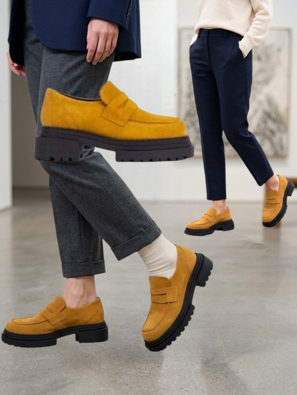 NEW 💛 L'INTERVALLE  Women's Cognac/Tan Suede Chunky Platform Penny Loafers